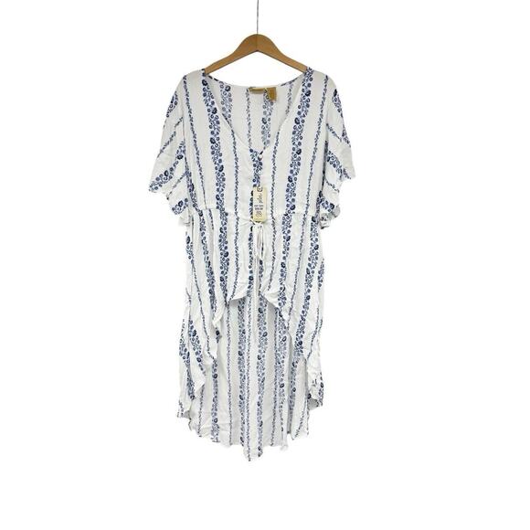 Wrangler White Blue Floral Womens Tie Front High Low Tie Front Top Kimono Large - Picture 1 of 6